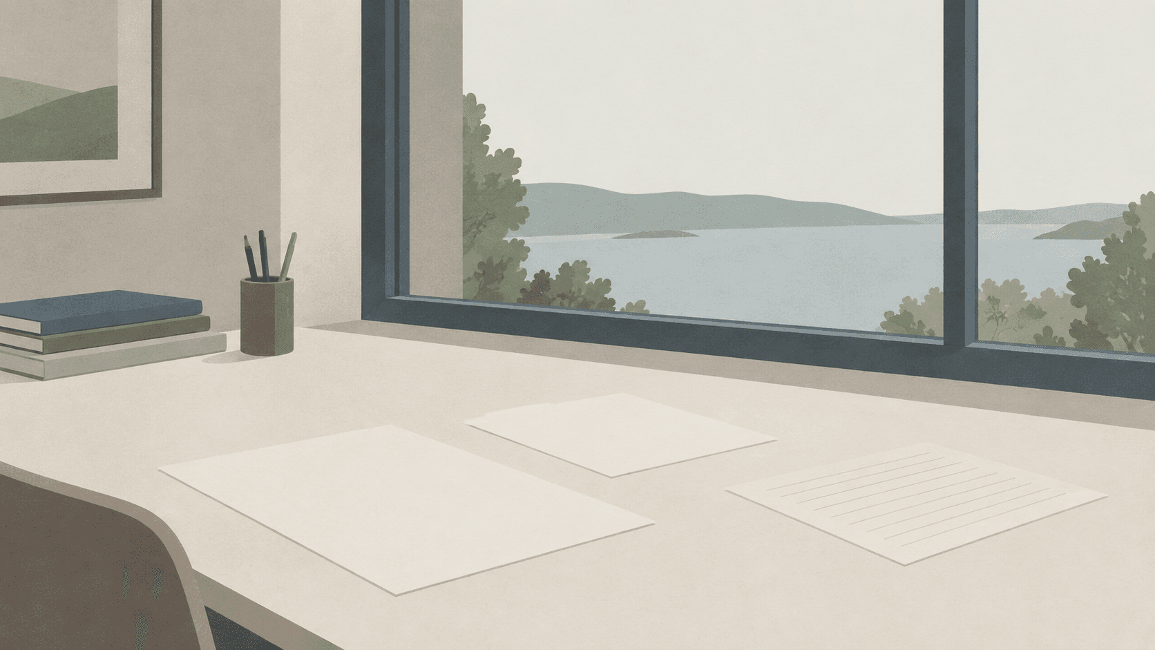 A wide plain table beside a large window in even flat daylight, with a few blank papers laid out on it.