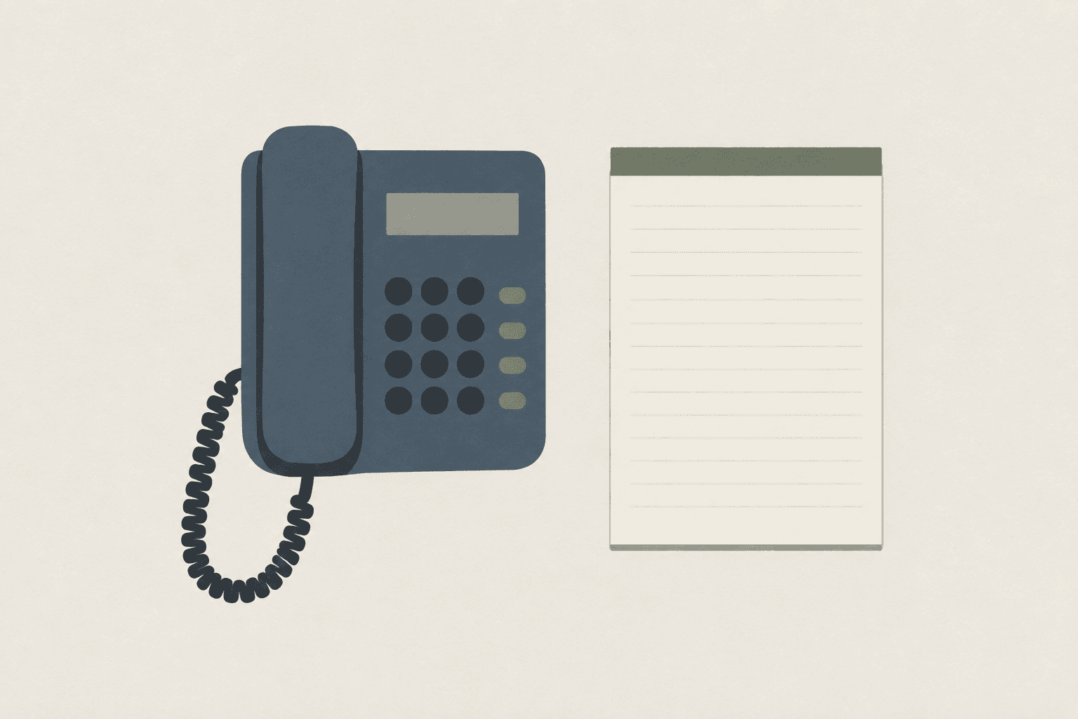 A plain desk telephone and a blank notepad set side by side on an empty surface, seen from above.